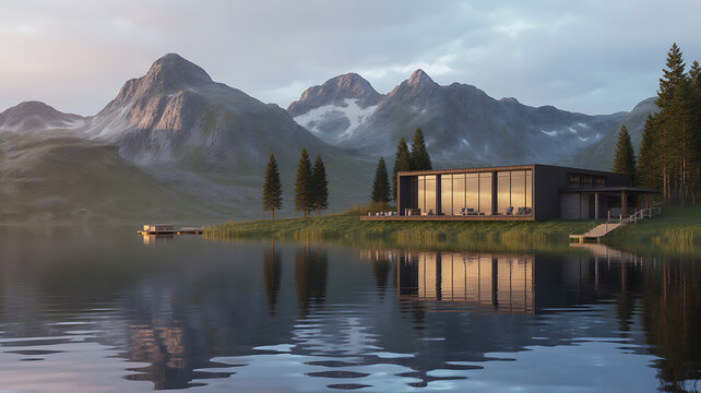 Modern glass lodge on calm lake reflecting snow capped mountains and pine trees architecture water - Powered by Adobe