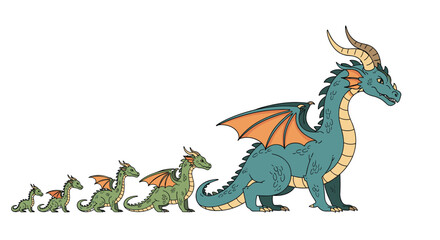 Fototapeta premium Illustrative depiction of dragon growth and development, from a small hatchling to a grand, horned adult, showing an evolutionary scale.