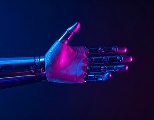 Close-up view of metallic robotic hand with vibrant blue and pink lighting