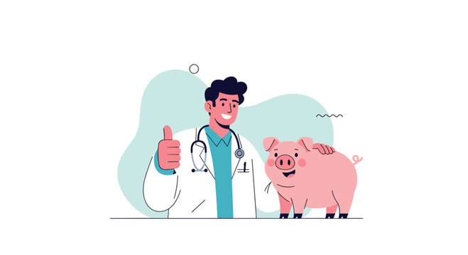 A friendly male veterinarian wearing a lab coat and stethoscope gives a thumbs-up next to a happy pink pig being petted.