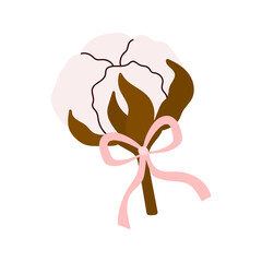 Vector cotton flower with pink ribbon. Soft natural plant element for winter decoration, Christmas compositions, eco packaging, and rustic festive design