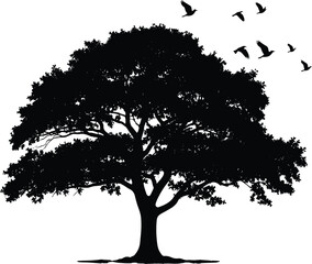 Tree with birds flying silhouette cartoon illustration, symbolic transition and expressive nature artwork for lifestyle and emotional design