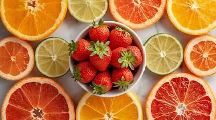 Obraz premium Fresh Strawberries with Citrus Slices – Healthy Summer Fruit Background