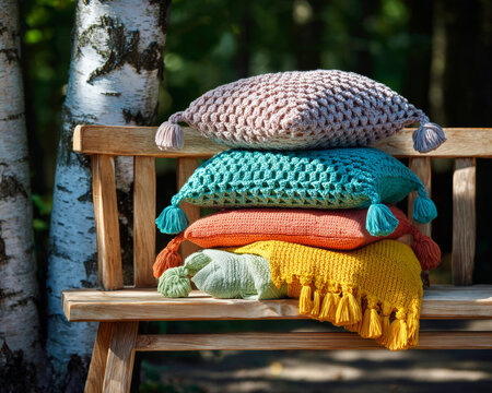 A stack of colorful knitted pillows with tassels, resting on a wooden bench in an outdoor setting - Powered by Adobe