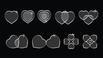elegant liquid glass heart shapes with white gradient outlines on dark background, glossy transparent love symbols design for modern art, romance, or valentine concepts vector
