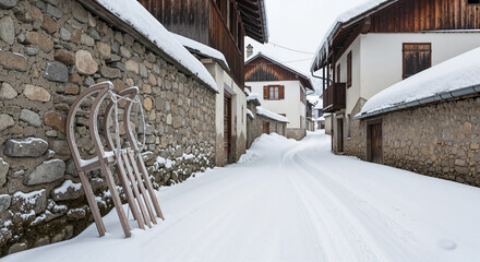 Sleds resting in snow-covered village alley during winter season  