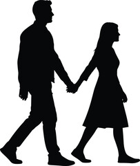 Two people walking hand in hand silhouette cartoon illustration, symbolic connection and expressive gesture artwork for lifestyle and design
