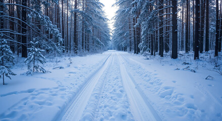 Sleigh tracks in forest covered with snow during winter morning  