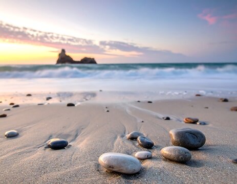Close-up view of pebbles and sand at the shore with blurred waves - Powered by Adobe