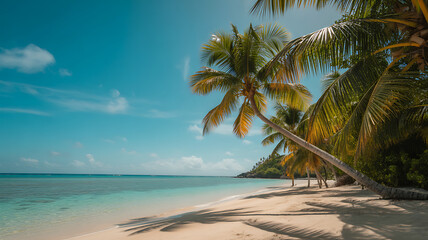 Idyllic tropical beach with palm trees and turquoise ocean water under a clear blue sky tropical island