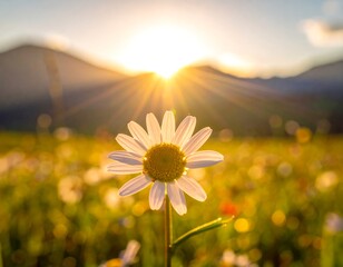 Daisy in focus with golden sunset and blurred field background