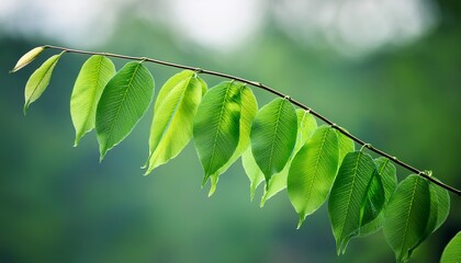 thin green leaves stretching out from the tip of a thin branch green twigs foliage