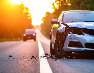 Damaged silver car on roadside after collision during golden hour