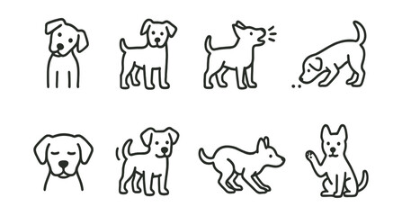 Line style icons of pet communication cues: head tilt, body posture, vocal signal, nose sniff, eye shape, tail wag, crouch