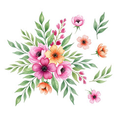 Fototapeta premium Beautiful watercolor floral arrangement of pink orange and yellow flowers and green leaves isolated on transparent background