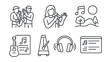 Line style icons of music and sound: jazz ensemble, pop star icon, acoustic setlist, ambient music, surround headphones, tempo
