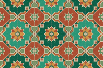 Obraz premium Vibrant Retro Geometric Tile Repeat. Orange, Teal, and Green Ceramic Floor Background.