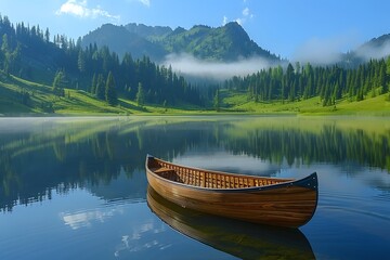 Obraz premium Peaceful boat floating on a calm lake surrounded by nature, reflecting the blue sky and trees. Tranquil outdoor landscape perfect for travel, relaxation, and adventure themes.