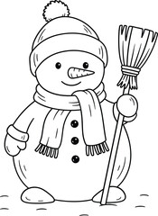 Whimsical line drawing of a friendly snowman wearing a hat and scarf holding a broom