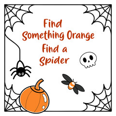 Halloween scavenger hunt game with spider, pumpkin, and skull