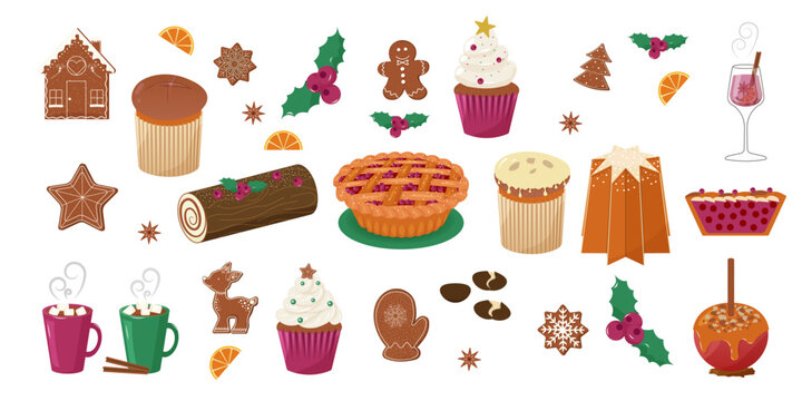 Christmas baking collection. Hand-drawn watercolor Illustrations of holiday sweets: gingerbread, cake, cookies, Pie, cocoa. Winter vector set for banners, menu, social media