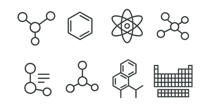 Line style icons of molecular structure: atom bond, hexagon ring, electron cloud, reaction chain, compound formula, molecule icon,