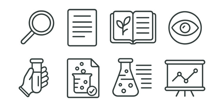 Line style icons of scientific investigation: magnifying glass, data sheet, field notes, observation icon, sample collection, test