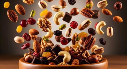 mix of nuts, dried fruits and chocolates splashing from a wooden bowl in the air
