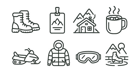 Line vector icons of winter travel: snow boots, ski pass, mountain cabin, hot chocolate cup, snowmobile, winter coat, ski goggles,