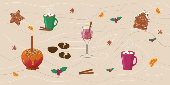 Christmas winter market food collection. Flat illustration on wooden background hot drinks, gingerbread, roasted chestnuts, berries. Vector illustration for menu, celebration, cards