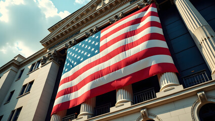 American Flag Displayed on Historic Building.