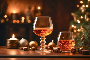 Two glasses of brandy or cognac on a wooden table with candles, golden ornaments, nuts, and pine branches, warm Christmas lights glowing softly in the background.