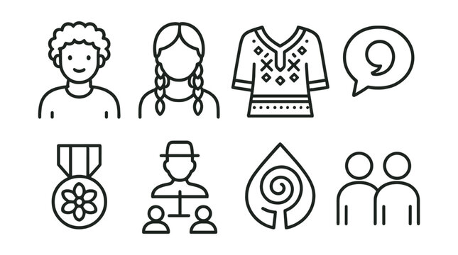 Line style icons of ethnic identity: ethnic face, hairstyle, ornamented garment, language bubble, cultural badge, folk lineage,