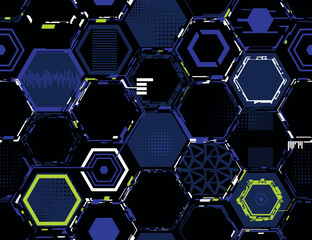 Seamless futuristic hexagon pattern in dark blue, neon green tones. Digital abstract texture with geometric grid and tech-inspired shapes. for sporty t-shirt prints, gaming, wrapping paper. 