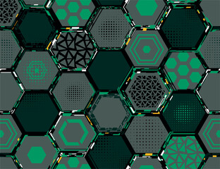 Seamless geometric pattern with futuristic green hexagons background, abstract digital grid, modern tech shapes. Print for sporty clothes, backpacks, gaming backgrounds, digital design