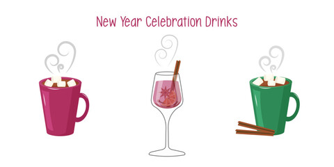 Christmas warm beverages set. Flat illustration of mulled wine and hot chocolate cups isolated on clean white background. Winter vector collection for menu, banners, social media