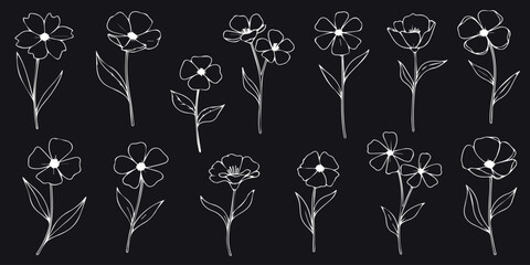 Collection of delicate flower silhouettes with intricate petal details in a grayscale pattern vector