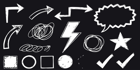 Collection of hand-drawn geometric shapes arrows lightning bolts and speech bubble design elements vector