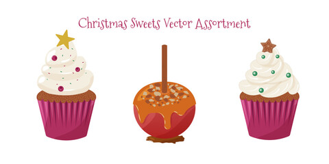 Holiday sweets collection. Flat illustration of Christmas cupcakes and caramel apple with peanuts isolated on clean white background. Christmas vector set for banners, cards, social media
