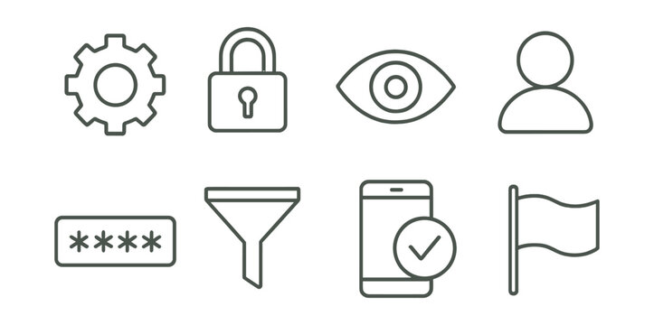 Line style icons of privacy controls: settings gear, lock icon, visibility toggle, account control, password field, content filter