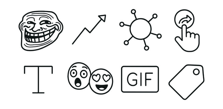 Line style icons of memes and trends: meme face, trending arrow, viral icon, share sticker, text overlay, reaction combo, gif icon