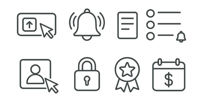 Line style icons of subscription features: subscribe icon, bell ring, channel list, notification toggle, follow update, content
