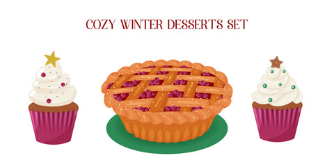 Christmas cupcakes and fruit pie. Flat design with festive muffins and traditional holiday baking on white background, isolated. Winter vector illustration for menu, banners, greeting cards