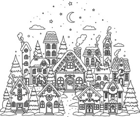 Obraz premium Whimsical winter village scene with snow covered rooftops and twinkling stars above