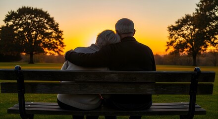 Elderly couple embraces on bench, watching sunset, a symbol of enduring love and shared moments.
