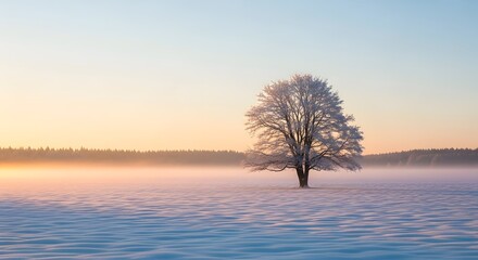 A lone, frost-covered tree stands in a snowy field at sunrise, creating a serene and picturesque winter scene.