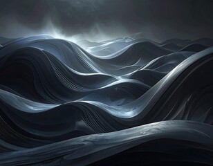 Dark, undulating, metallic, wave-like landscape with moody lighting