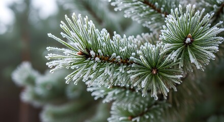A close-up view of a frosted pine branch, capturing the intricate ice crystals on the needles of the tree.