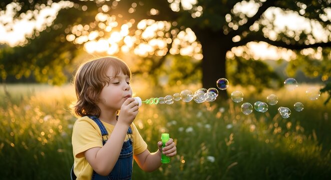 A young child dressed in overalls is joyfully blowing bubbles in a sun-drenched, grassy field at sunset.