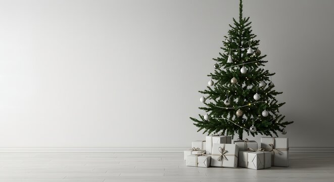 A christmas tree with white and silver ornaments and presents on a white floor against a white wall - Powered by Adobe